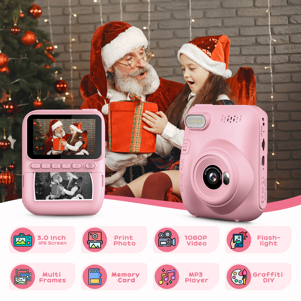 GREENKINDER Macchina Fotografica Bambini Istantanea,3,0 Pollici 14MP Fotocamera Istantanea Bambini Scheda Memoria,1080P Fotocamera Digital per Bambini,Giocattolo Regalo Natale per Bambino da 3-12 Anni