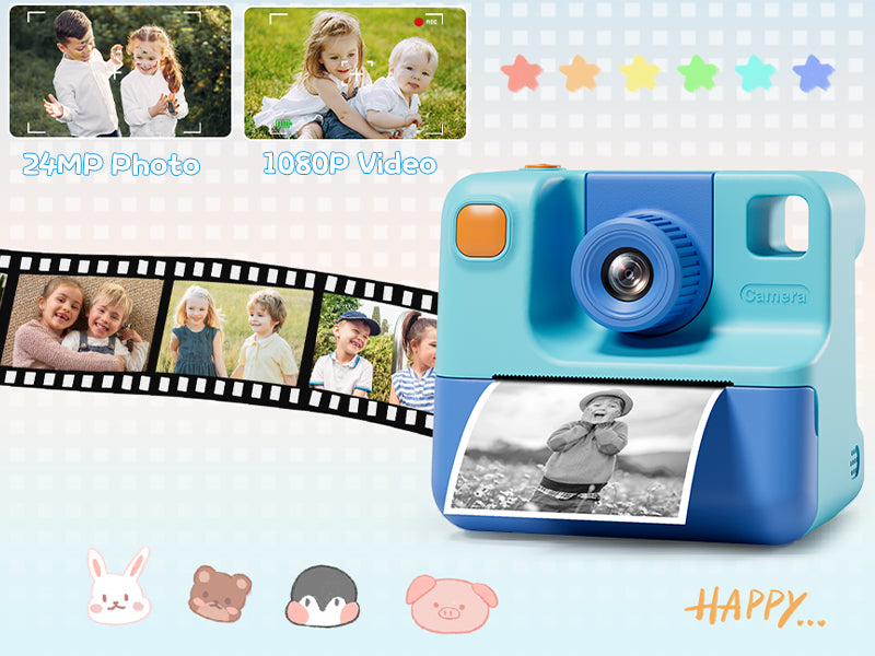 Kids Camera Instant Print, Christmas Birthday Gifts for Girl Boys 3-12 Years Old, FHD Selfie Digital Video Cameras Toddler 3 Rolls Print Paper & 32G Card (Blue)
