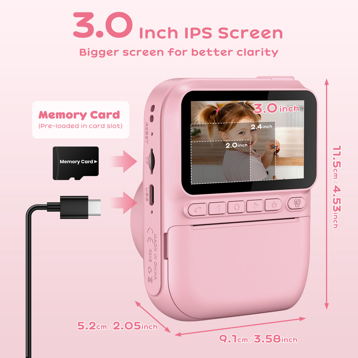 GREENKINDER Macchina Fotografica Bambini Istantanea,3,0 Pollici 14MP Fotocamera Istantanea Bambini Scheda Memoria,1080P Fotocamera Digital per Bambini,Giocattolo Regalo Natale per Bambino da 3-12 Anni