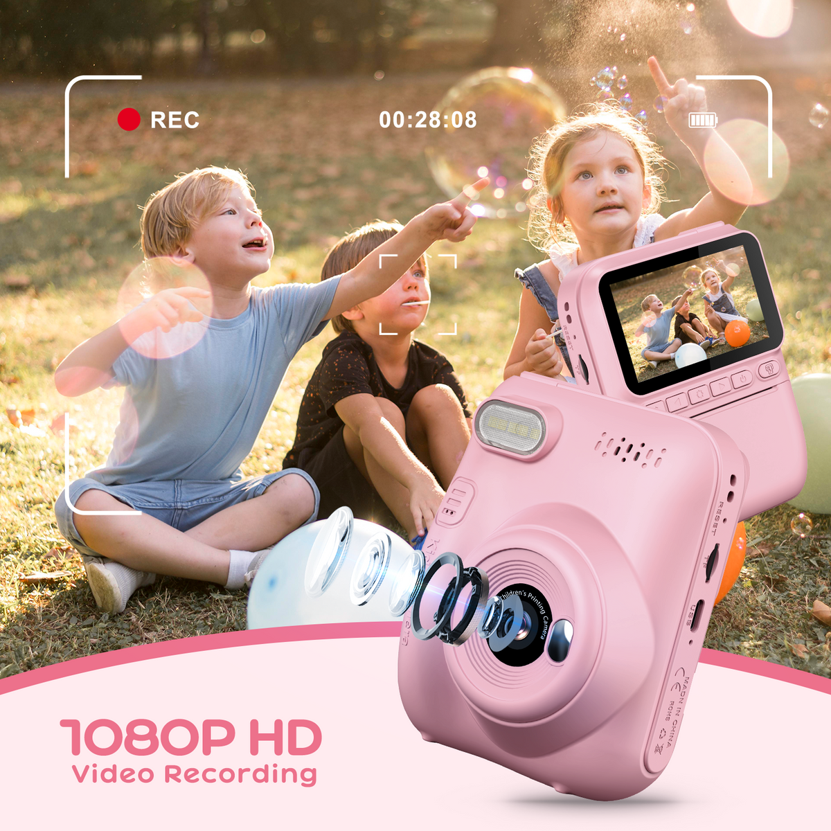 GREENKINDER Macchina Fotografica Bambini Istantanea,3,0 Pollici 14MP Fotocamera Istantanea Bambini Scheda Memoria,1080P Fotocamera Digital per Bambini,Giocattolo Regalo Natale per Bambino da 3-12 Anni