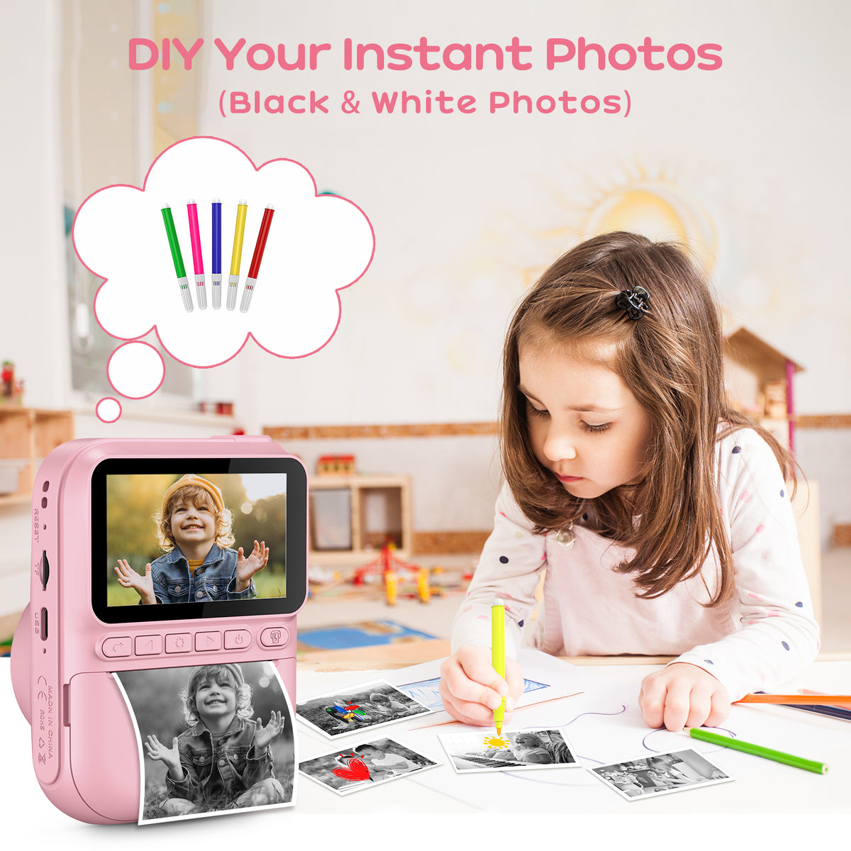 GREENKINDER Macchina Fotografica Bambini Istantanea,3,0 Pollici 14MP Fotocamera Istantanea Bambini Scheda Memoria,1080P Fotocamera Digital per Bambini,Giocattolo Regalo Natale per Bambino da 3-12 Anni