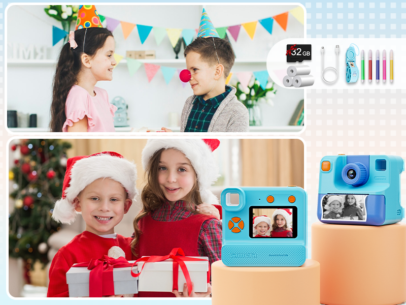 Kids Camera Instant Print, Christmas Birthday Gifts for Girl Boys 3-12 Years Old, FHD Selfie Digital Video Cameras Toddler 3 Rolls Print Paper & 32G Card (Blue)