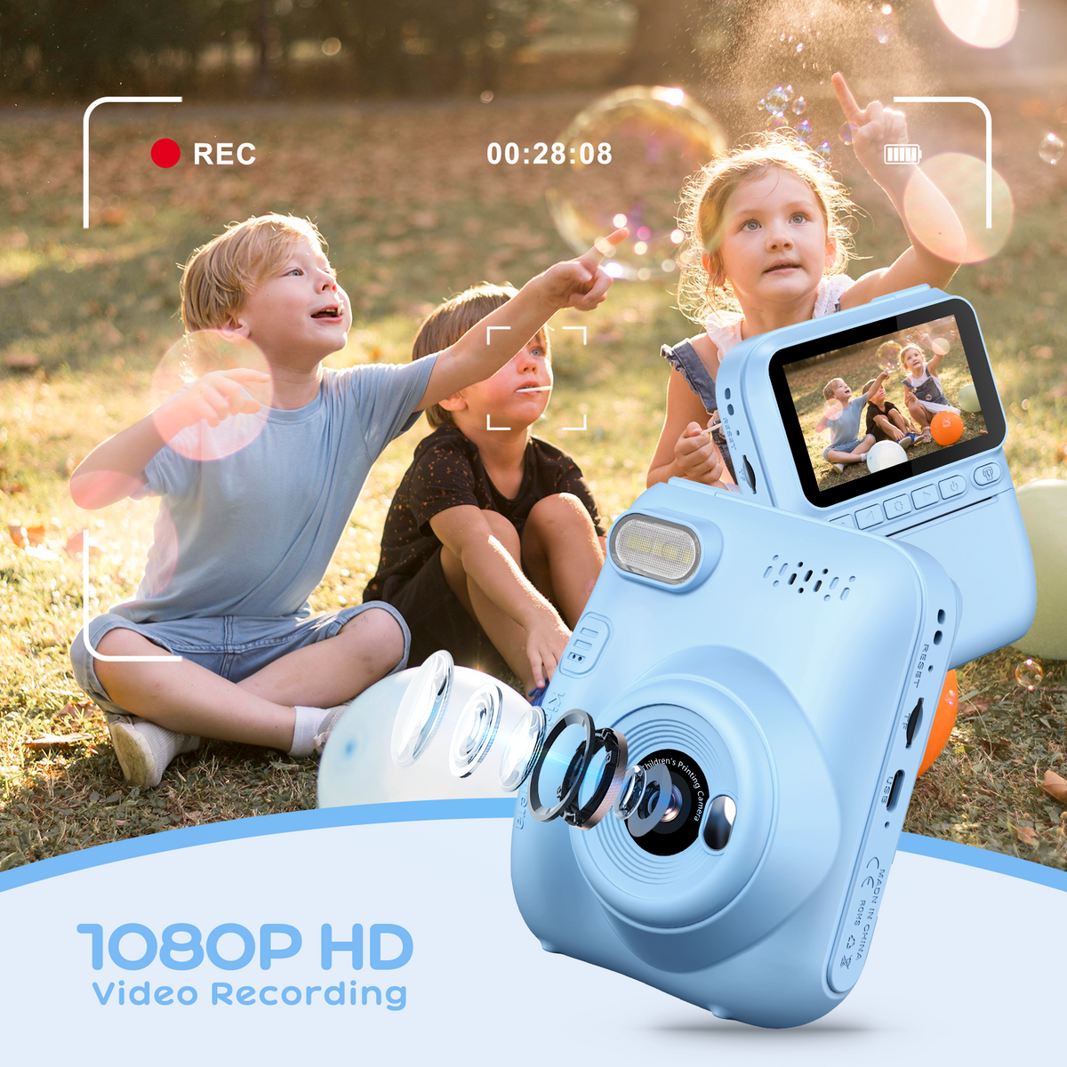 GREENKINDER Macchina Fotografica Bambini Istantanea,3,0 Pollici 14MP Fotocamera Istantanea Bambini Scheda Memoria,1080P Fotocamera Digital per Bambini,Giocattolo Regalo Natale per Bambino da 3-12 Anni